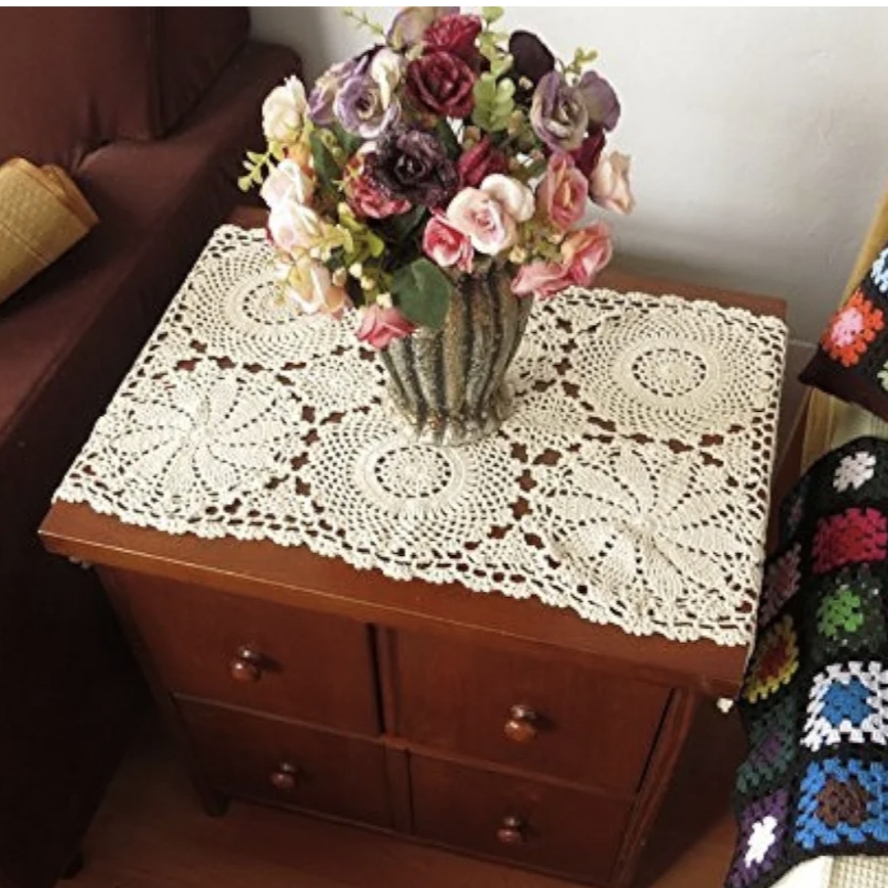 Set of 2 100% Cotton Crochet Lace Rectangular Table Runner Ecru Dresser